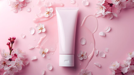 Skincare Tube with Cherry Blossoms on Pink Background