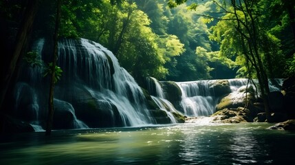 Rock or stone at waterfall. Beautiful waterfall in jungle. Waterfall in tropical forest with green tree and sunlight. Waterfall is flowing in jungle. Nature background. Green season travel in Thailand