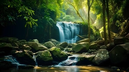 Rock or stone at waterfall. Beautiful waterfall in jungle. Waterfall in tropical forest with green...