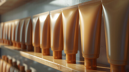 Row of Brown Cosmetic Tubes on Shelf in Sunlight - obrazy, fototapety, plakaty
