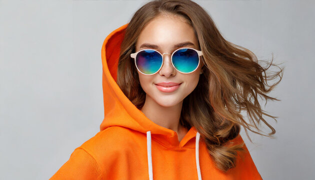 beautiful girl wearing trendy orange hoodie, color sunglasses