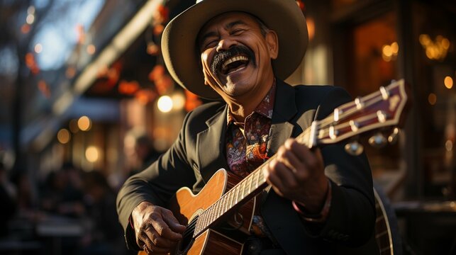 Fototapeta Mariachi playing the guitar in the streets of a town in Mexico in celebration of Cinco de Mayo