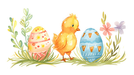 Watercolor Illustration of Chick with Easter Eggs and Spring Flowers