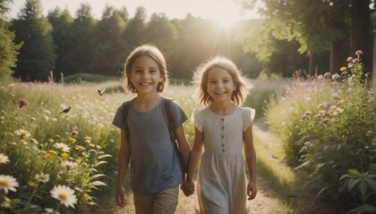 Happy children in their early teens enjoy nature, the forest and meadows and discover nature with birds and the wealth of nature in all its beauty in midsummer