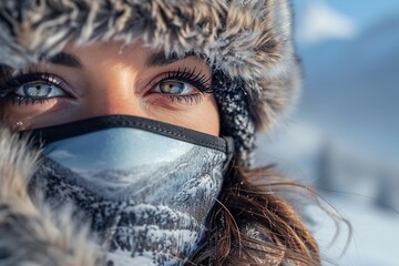 Portrait of woman in protection mask on snowed mountains background