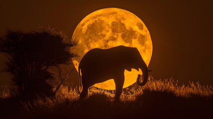 Elephant Silhouette Against Full Moon in Savannah