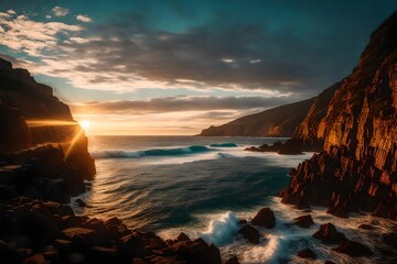 A serene landscape along the Atlantic Ocean, the sun rising in a burst of colors, illuminating the coast and casting a magical light on the surroundings