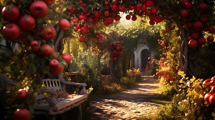 Stunning autumn garden with ripe pomegranates. Lush trees bear big, beautiful fruits. - obrazy, fototapety, plakaty