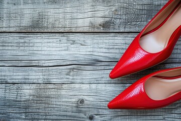 Beautiful and luxury red high heel shoes on wooden background
