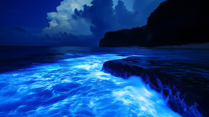 Bioluminescent Waves on Tropical Beach at Night