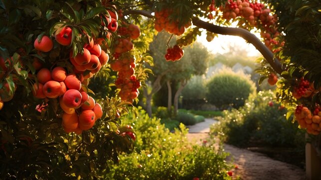 Stunning autumn garden with ripe pomegranates. Lush trees bear big, beautiful fruits.