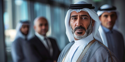 Middle aged businessman Arabic sheikh in office with business partners