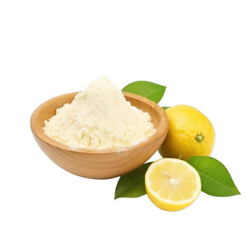 pile of finely dry organic fresh raw yuzu powder in wooden bowl png isolated on white background. bright colored of herbal, spice or seasoning recipes clipping path. selective focus