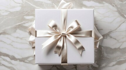 white luxury gift box with shiny bow on marble background, present decoration