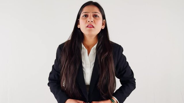 Confident businesswoman talking communication and t v anchoring against a white background