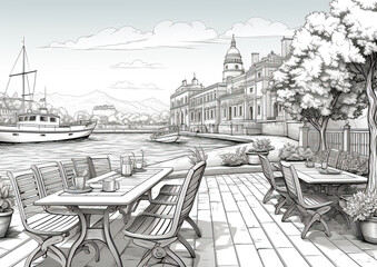 Street cafe with tables and chairs near the sea in some old Mediterranean city. Sketch illustration for coloring book.