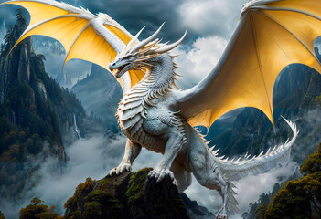 white dragon in front of clouds on mountains with a dark sky above it