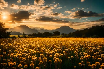 A tranquil dandelion field in a rural setting, captured at sunrise. The blooming weeds glisten in the morning light, set against a backdrop of a cloud-streaked sky and distant mountain ranges.