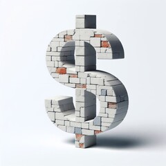 Dollar mark shape created from concrete and briks. AI generated illustration
