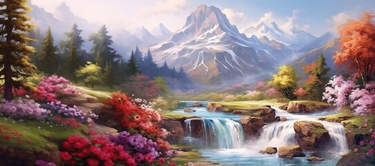 Breathtaking landskape with flowers and little waterfall - obrazy, fototapety, plakaty