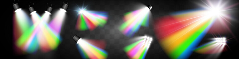 Rainbow spotlight. Light beams spectrum,vector lens flare effect. Magic rainbow shine glare or realistic spotlight.Rainbow colors gradient.
