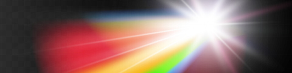 Rainbow spotlight. Light beams spectrum,vector lens flare effect. Magic rainbow shine glare or realistic spotlight.Rainbow colors gradient.
