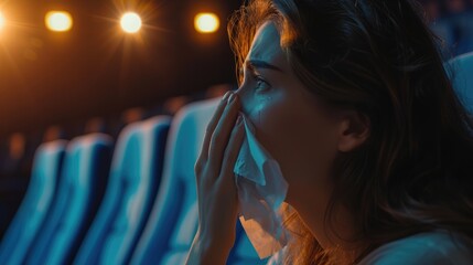 Young woman watches sad movie in cinema and wipes tears with handkerchief - Powered by Adobe