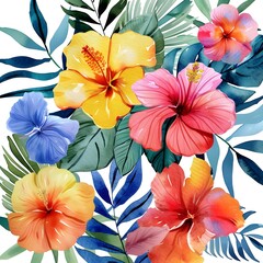 hibiscus flower background, vibrant watercolor illustration of tropical flowers on a white background.