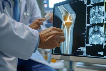 Orthopedic surgeon doctor examining patient's knee joint x-ray films, MRI bone, CT scan in at radiology orthopedic unit, hospital background. knee joint film x ray