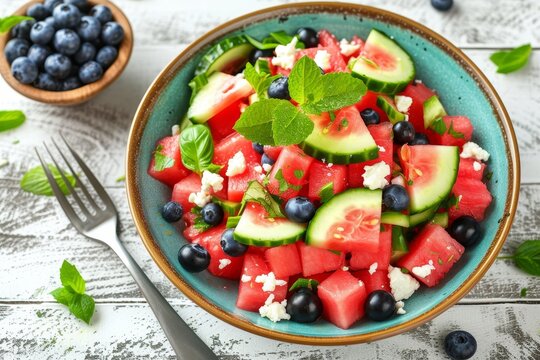 Vibrant colors and fresh flavors unite in a nourishing bowl of watermelon salad, bursting with superfoods like blueberries and cucumbers, making it the perfect vegetarian and vegan option for a healt