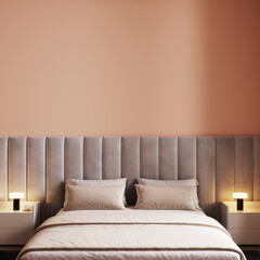 Bedroom in pastel tone peach fuzz color trend 2024 year panton furniture and background. Modern luxury room interior home design. Empty painting wall for art or wallpaper, pictures, art. 3d render