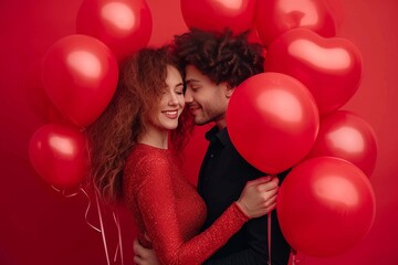 Fototapeta na wymiar A couple embraces amidst a sea of red balloons, their love soaring higher with each kiss as they stand against a wall adorned with party supplies