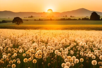 A picturesque rural morning, a field of dandelions under the soft hues of sunrise, with a tranquil sky and clouds over distant mountainous horizons.