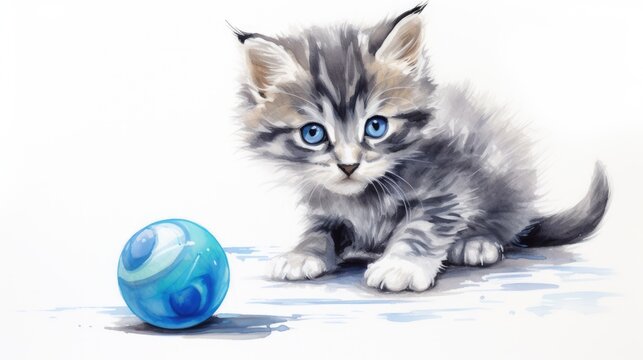 Gray and white kitten plays with a blue ball. Illustration aquarelle of a playful cat on white background. AI Generated