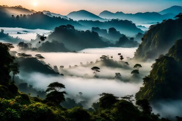 Fototapeta premium A tranquil Kerala valley, enveloped in morning fog. The image shows mist weaving through the valley, with the silhouette of distant mountains.