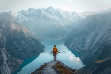 A lone figure stands atop a rugged ridge, gazing out at the majestic snow-capped mountains and glacial lakes that stretch out before them in the tranquil wilderness of the araate alps - Powered by Adobe