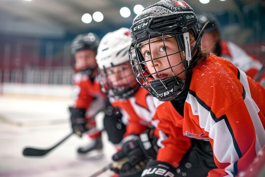 Vibrant and determined, a team of young athletes glide across the ice in their hockey gear, ready to conquer the rink and score the winning goal - Powered by Adobe