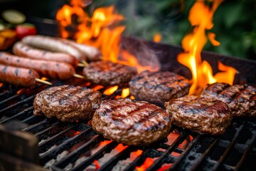 A sizzling summer feast of juicy hamburgers and hot dogs roasting over an open flame on a traditional barbecue grill, evoking the irresistible aromas of churrasco food, mixed grill, and yakiniku, all - obrazy, fototapety, plakaty