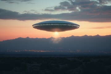 Silent UFO over Mountainous Horizon at Sunset: A Visual Paradox of Peace and Intrigue