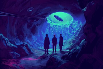 Secret Meeting in an Alien Cave: A Mysterious Gathering Under a Glowing UFO