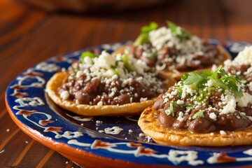 Delicious Sopes with Refried Beans, Cheese, and Salsa on Traditional Mexican Plate, Ideal for Food Blogs