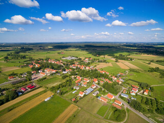 Aerial view of beautiful Budry village, Mazury, Poland (former Buddern, East Prussia) - 724189743