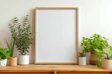 Blank poster photo frame on white wall and a wooden sideboard with potted plants