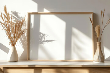 Fototapeta na wymiar Photo frame mockup in a living room with soft light casting shadows on a white wall, adorned with wooden decor and dry grass