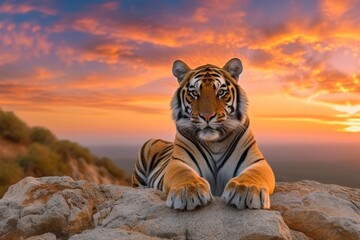 A majestic bengal tiger basks in the golden rays of the sunrise, peacefully resting on a rugged...