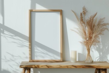 Photo frame mockup in a living room with soft light casting shadows on a white wall, adorned with wooden decor and dry grass