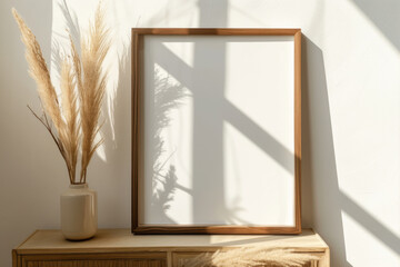 Photo frame mockup in a living room with soft light casting shadows on a white wall, adorned with wooden decor and dry grass