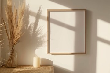 Photo frame mockup in a living room with soft light casting shadows on a white wall, adorned with wooden decor and dry grass - obrazy, fototapety, plakaty