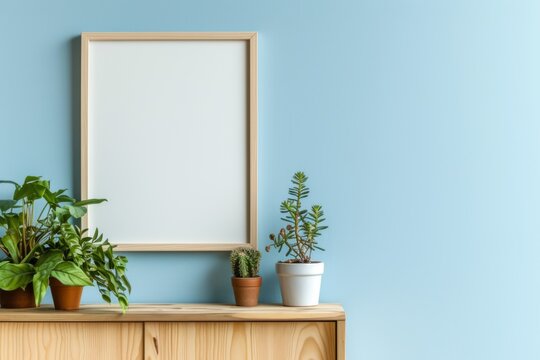 Close-up blank photo frame mockup on light blue wall and a wooden sideboard with potted plants