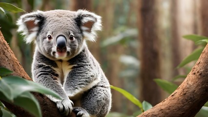 Fototapeta premium image of a koala sitting on a branch in a tropical forest